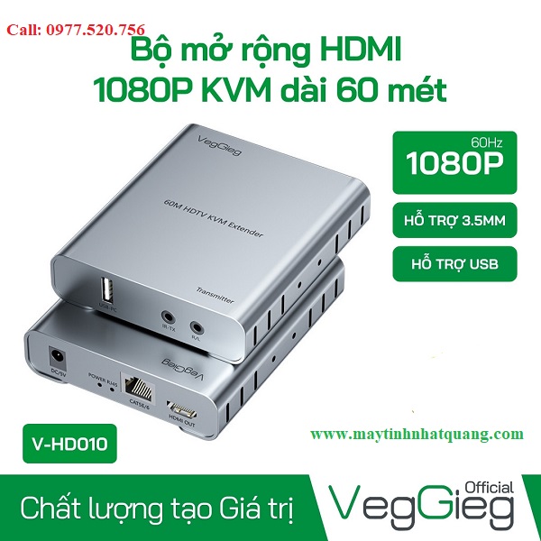 Bộ kéo dài HDMI qua Lan 60m KVM Veggieg V-HD010 Hỗ trợ chuột và bàn phím USB